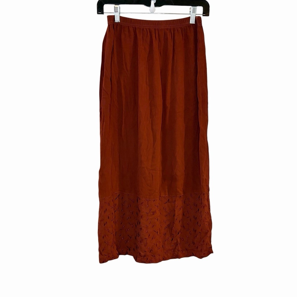 Cut Loose Burnt Orange Rayon Embroidered Maxi Skirt Pull On Boho Hippie Size S